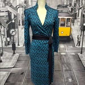 Geometric Patterned Wrap Dress - Blue and Black